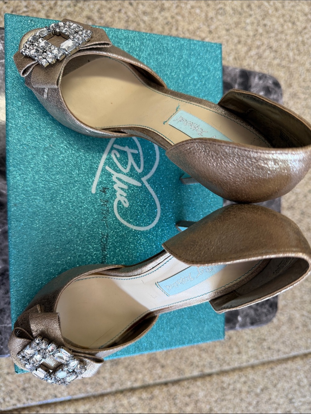 Betsey Johnson Badgley Mischka Bronze Metallic Crystal-Buckle D'Orsay Heels
